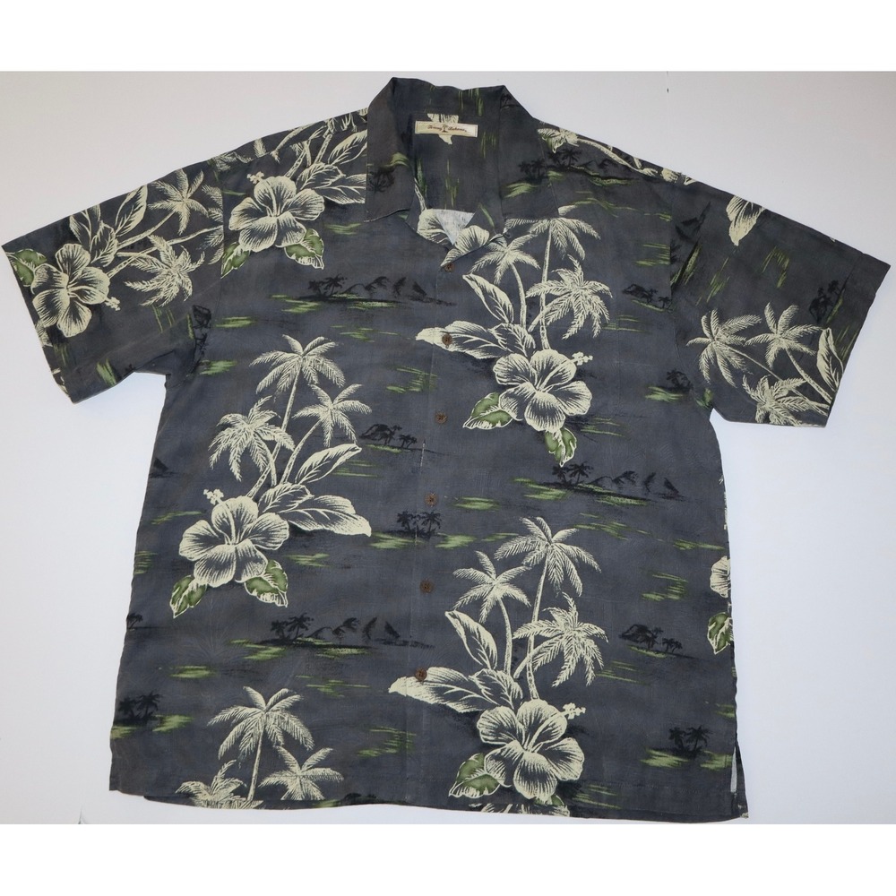 Tommy Bahama Mens XL Silk Tropical Palm Trees Gray Cruise Button Down Shirt